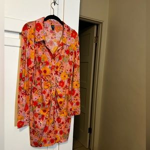 Wild Fable pink flower power pattern extra stretch button down knee length dress